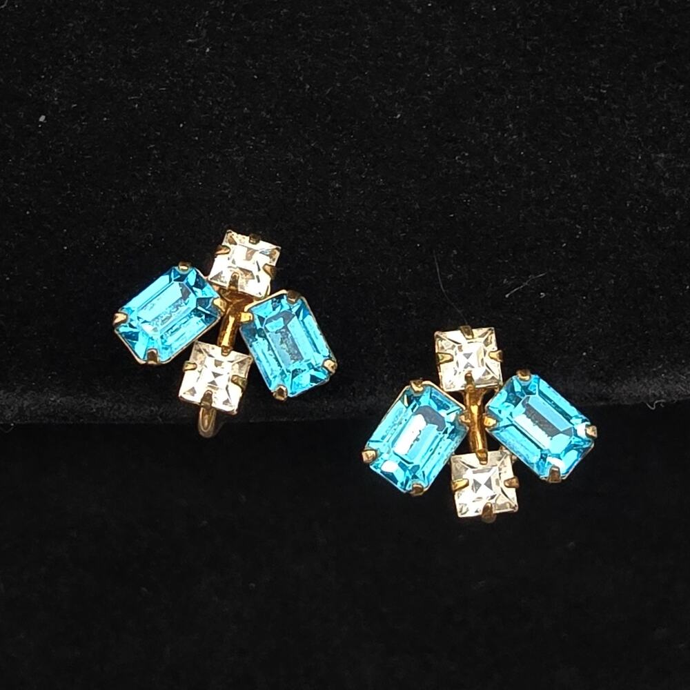 De Curtis Gold Filled Blue Rhinestone Screw Back Earrings Vintage Jewelry